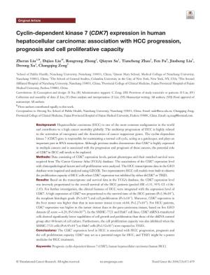 Cyclin-Dependent Kinase 7 (CDK7) Expression in Human Hepatocellular Carcinoma: Association with HCC Progression, Prognosis and Cell Proliferative Capacity