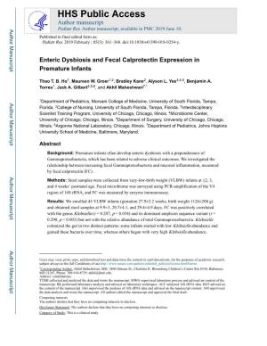 Enteric Dysbiosis and Fecal Calprotectin Expression in Premature Infants