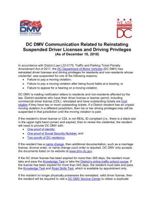 DC DMV Communication Related to Reinstating Suspended Driver Licenses and Driving Privileges (As of December 10, 2018)