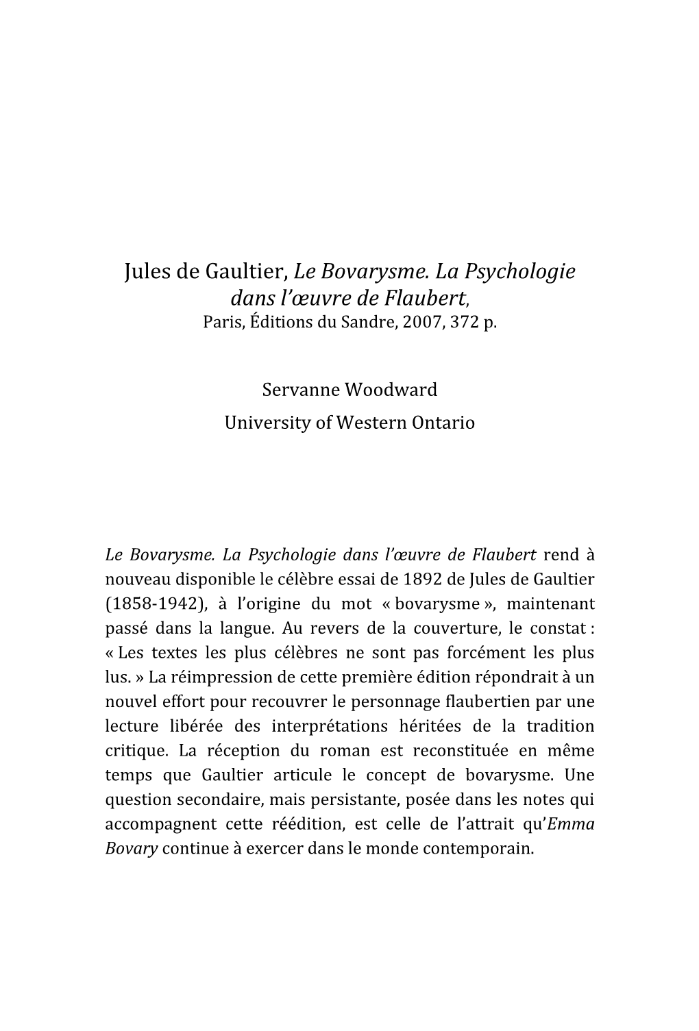 Jules De Gaultier, Le Bovarysme. La Psychologie Dans L'œuvre De Flaubert