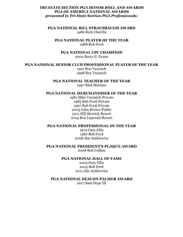 TRI-STATE SECTION PGA HONOR ROLL and AWARDS PGA of AMERICA NATIONAL AWARDS Presented to Tri-State Section PGA Professionals