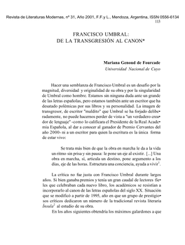 Francisco Umbral: De La Transgresión Al Canon*