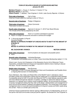 TOWN of DELAFIELD BOARD of SUPERVISORS MEETING January 26, 2016