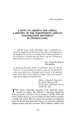 A History of the Independent African Colonization Movement in Pennsylvania
