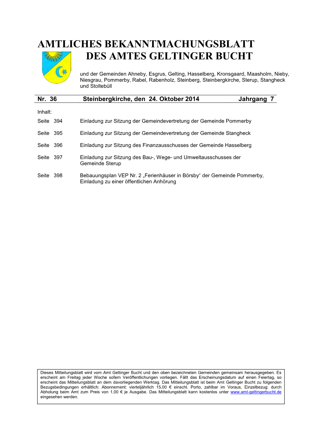 Amtliches Bekanntmachungsblatt Des Amtes Geltinger Bucht Nr. 36/2014 Vom 24.10.2014