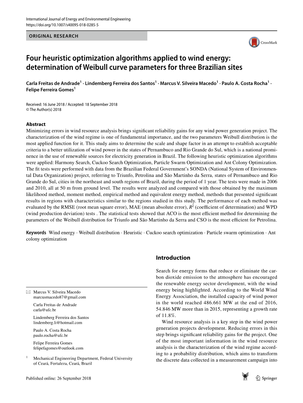 Four Heuristic Optimization Algorithms Applied to Wind Energy: Determination of Weibull Curve Parameters for Three Brazilian Sites