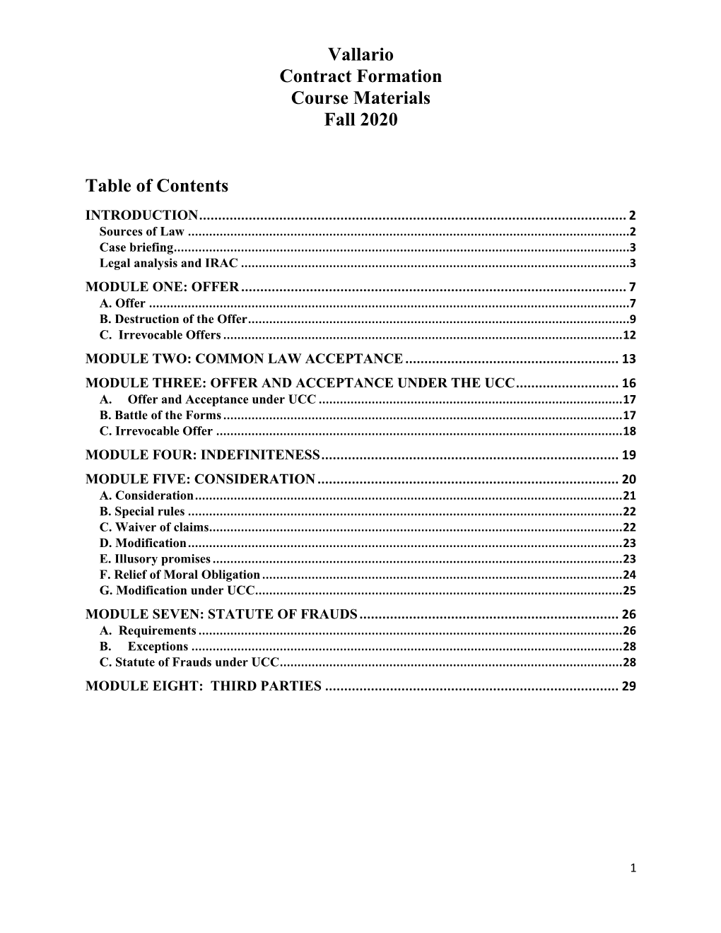 Vallario Contract Formation Course Materials Fall 2020 Table of Contents