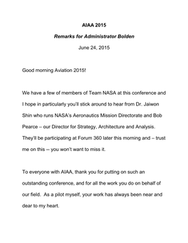 AIAA 2015 Remarks for Administrator Bolden June 24, 2015