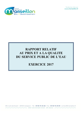 Rapport Relatif Au Prix Et a La Qualite Du Service Public De L'eau Exercice 2017