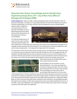 Macombs Dam Historic Swing Bridge Seismic Retrofit Value Engineering Study, Bronx, NY—City of New York, Office of Management & Budget (OMB) Project Background