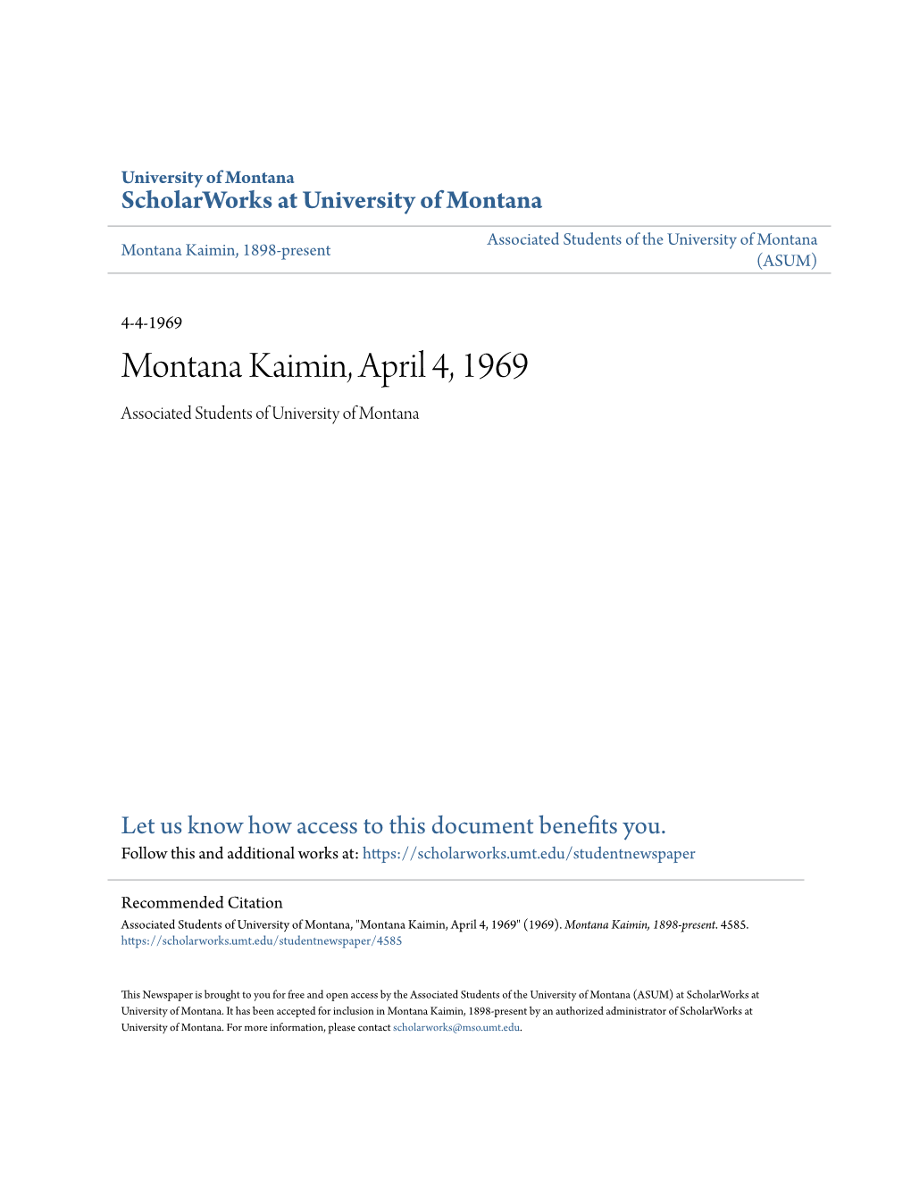 Montana Kaimin, April 4, 1969 Associated Students of University of Montana