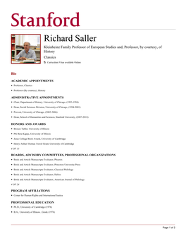 Richard Saller Kleinheinz Family Professor of European Studies And, Professor, by Courtesy, of History Classics Curriculum Vitae Available Online