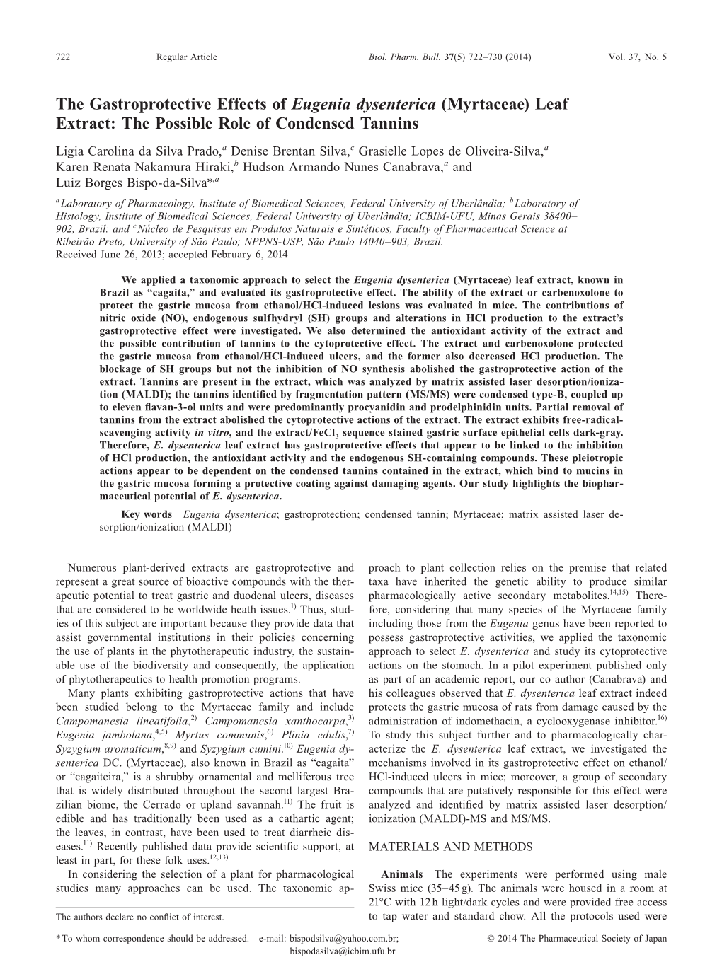 The Gastroprotective Effects of Eugenia Dysenterica (Myrtaceae) Leaf Extract: the Possible Role of Condensed Tannins