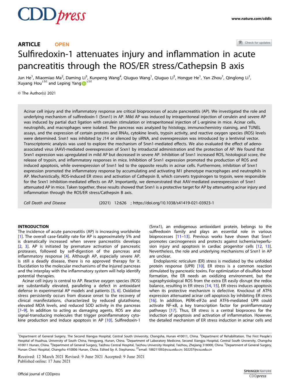 Sulfiredoxin-1 Attenuates Injury and Inflammation in Acute Pancreatitis