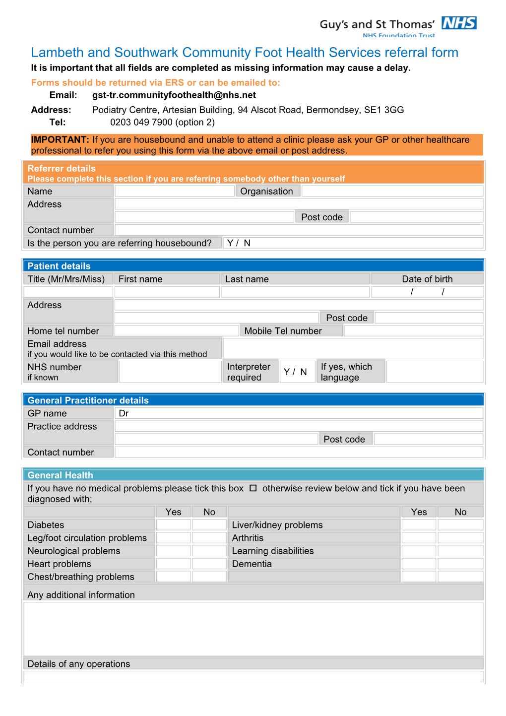 Lambeth and Southwark Community Foot Health Services Referral Form s1