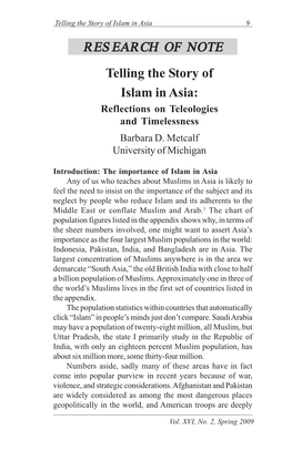 RESEARCH of NOTE Telling the Story of Islam in Asia: Reflections on Teleologies and Timelessness Barbara D