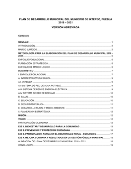 Plan De Desarrollo Municipal Del Municipio De Ixtepec, Puebla 2018 – 2021 Versión Abreviada