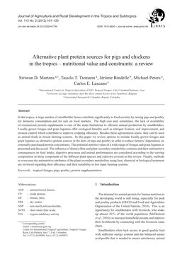 Alternative Plant Protein Sources for Pigs and Chickens in the Tropics – Nutritional Value and Constraints: a Review