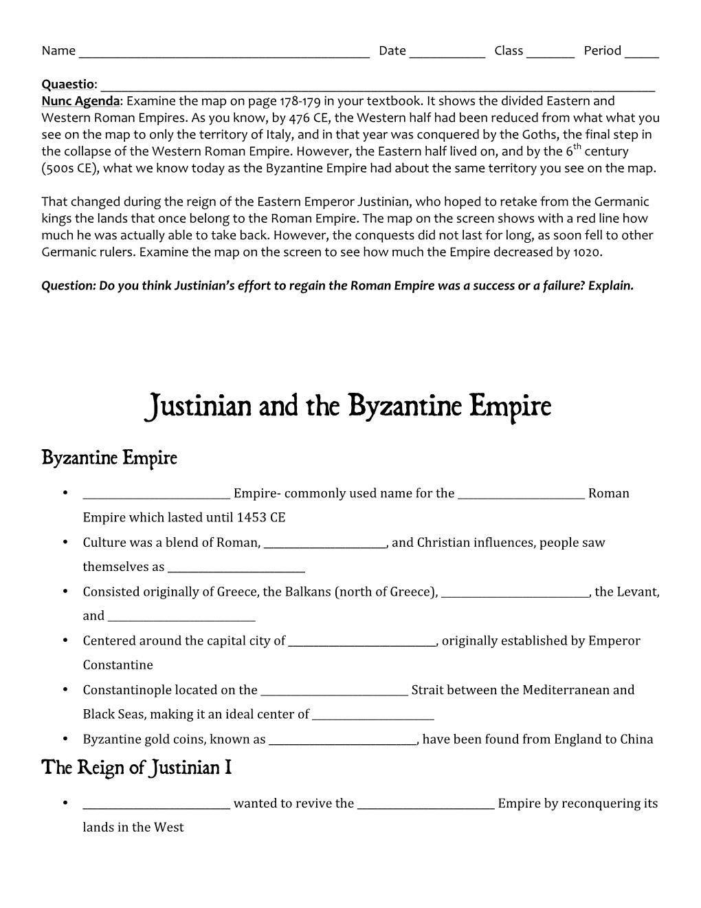 Justinian and the Byzantine Empire Notes