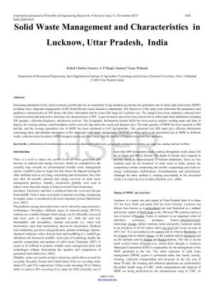 Solid Waste Management and Characteristics in Lucknow, Uttar Pradesh, India