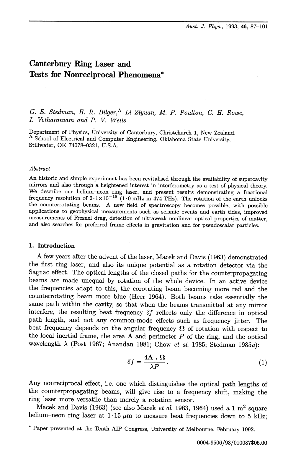 Canterbury Ring Laser and Tests for Nonreciprocal Phenomena*