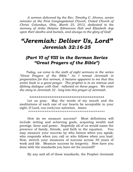 “Jeremiah: Deliver Us, Lord” Jeremiah 32:16-25