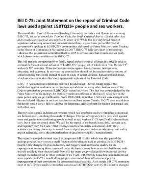 Bill C-75: Joint Statement on the Repeal of Criminal Code Laws Used Against LGBTQ2S+ People and Sex Workers