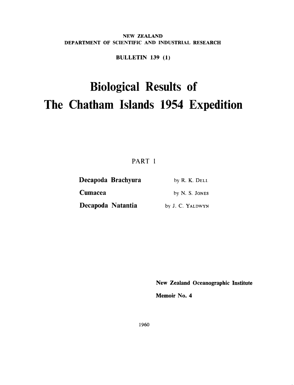 Biological Results of the Chatham Islands 1954 Expedition