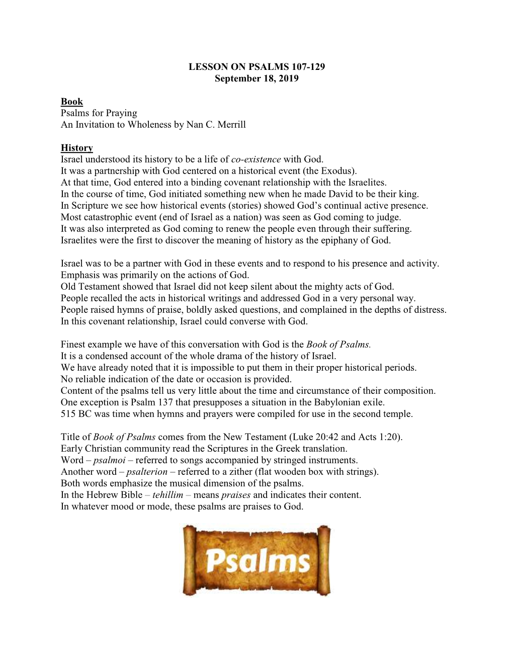 LESSON on PSALMS 107-129 September 18, 2019 Book Psalms