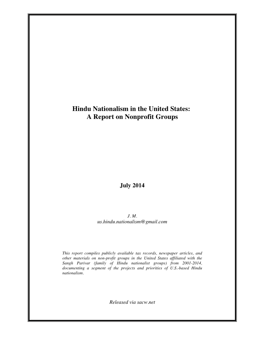 Hindu Nationalism in the United States: a Report on Nonprofit Groups