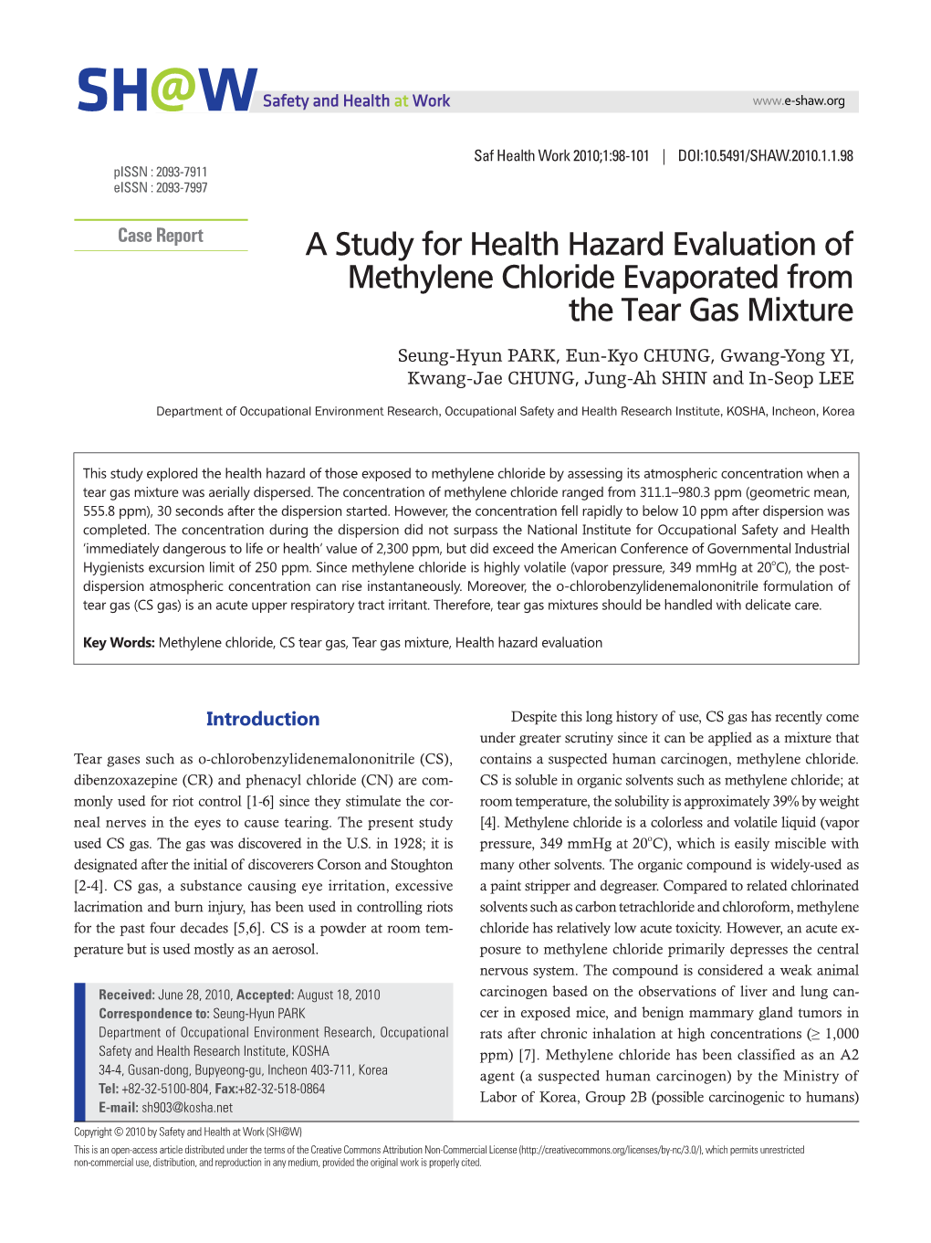 A Study for Health Hazard Evaluation of Methylene Chloride Evaporated from the Tear Gas Mixture