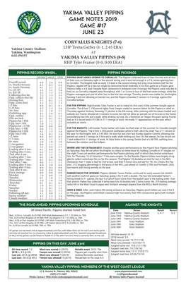 Yakima Valley Pippins Game Notes 2019 Game #17 June 23