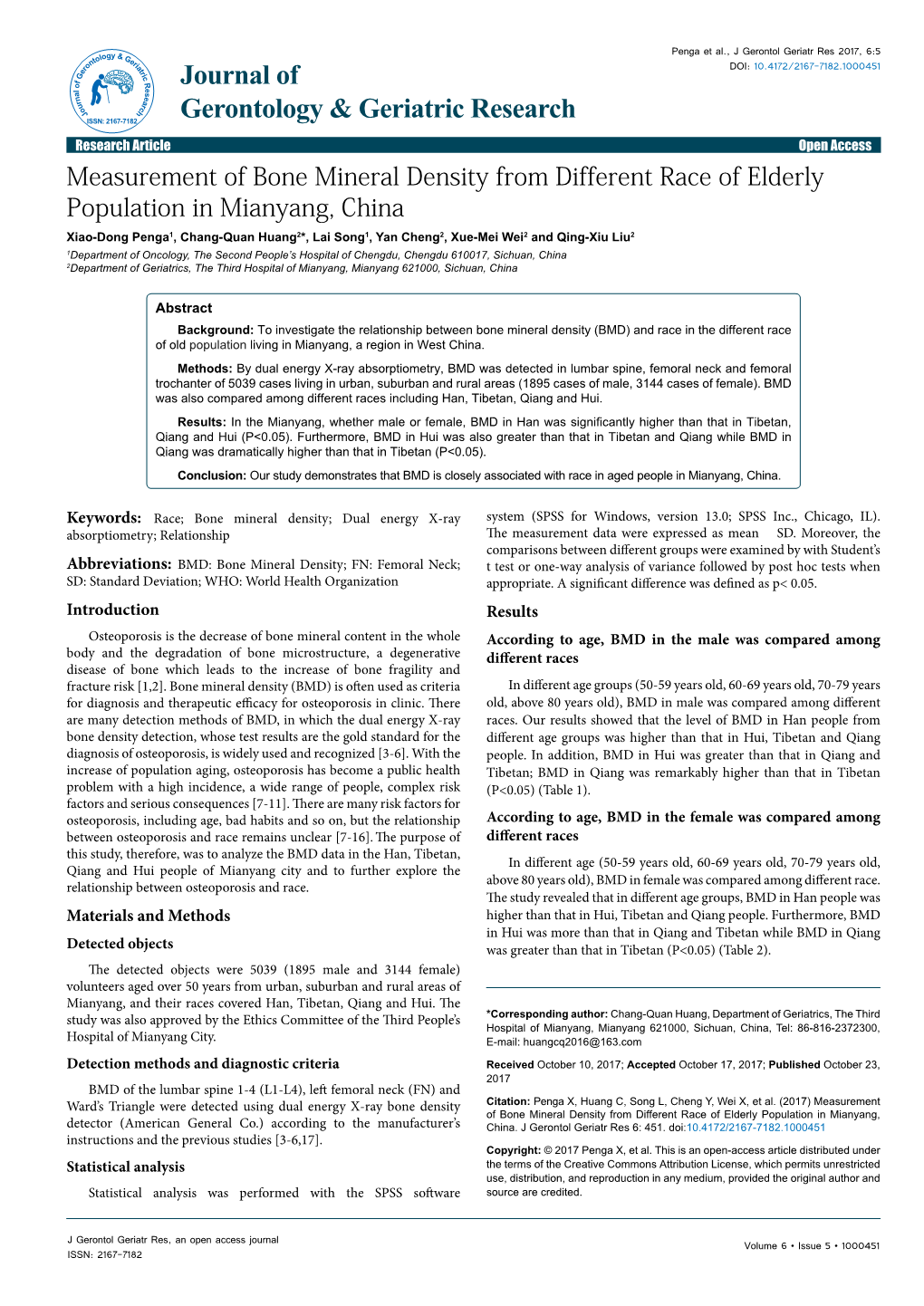 Measurement of Bone Mineral Density from Different Race of Elderly Population in Mianyang, China