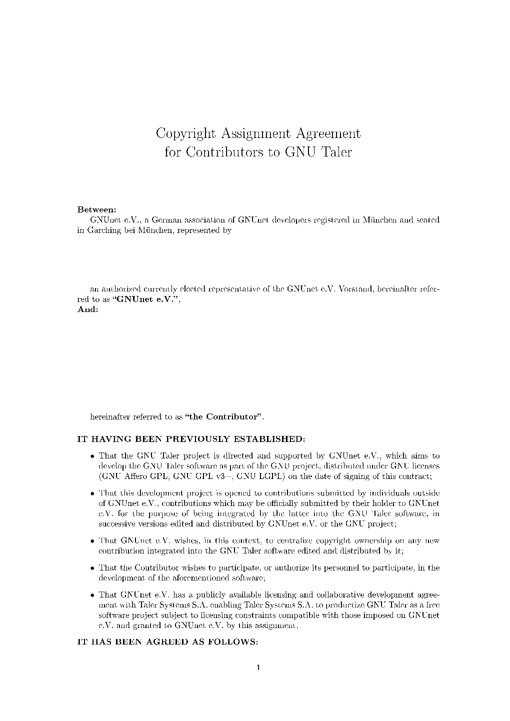 Copyright Assignment Agreement for Contributors to GNU Taler