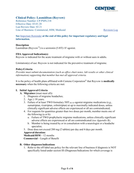 Lasmiditan (Reyvow) Reference Number: CP.PMN.218 Effective Date: 03.01.20 Last Review Date: 02.21 Line of Business: Commercial, HIM, Medicaid Revision Log