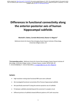 Differences in Functional Connectivity Along the Anterior-Posterior Axis of Human Hippocampal Subfields