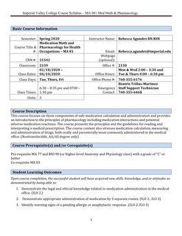 Imperial Valley College Course Syllabus – MA 081 Med Math & Pharmacology