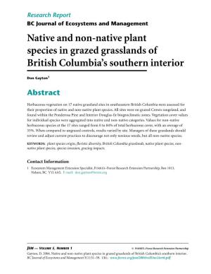 Native and Non-Native Plant Species in Grazed Grasslands of British Columbia’S Southern Interior