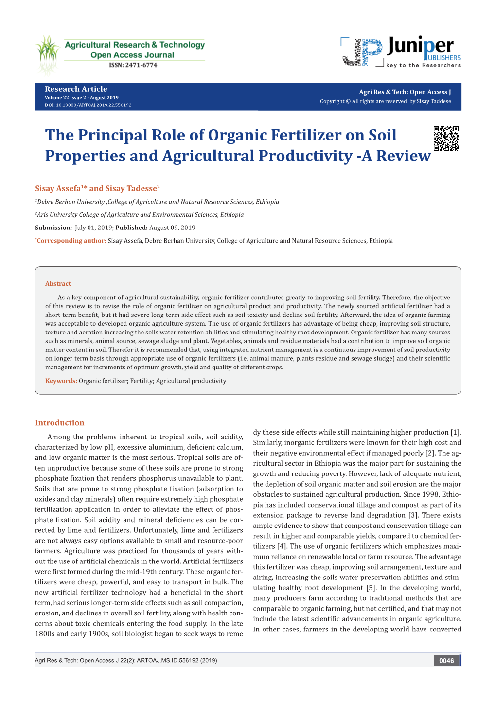 The Principal Role of Organic Fertilizer on Soil Properties and Agricultural Productivity -A Review