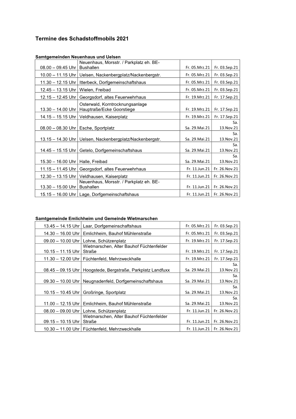 Termine Des Schadstoffmobils 2021