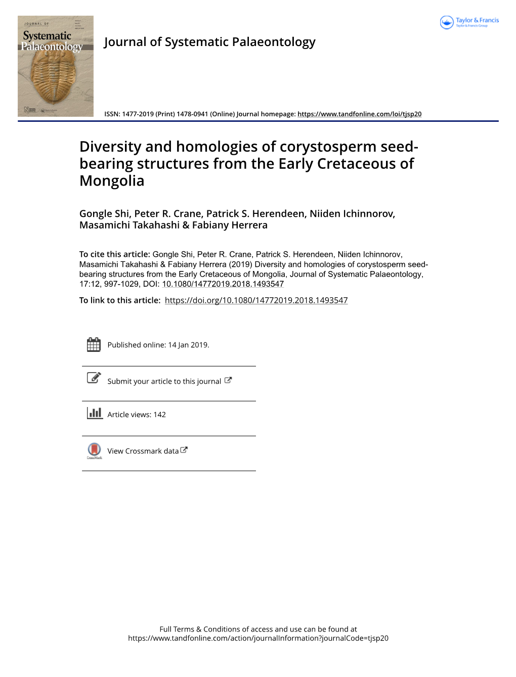 Diversity and Homologies of Corystosperm Seed-Bearing Structures from the Early Cretaceous of Mongolia Aã B,C D E F Gongle Shi , Peter R