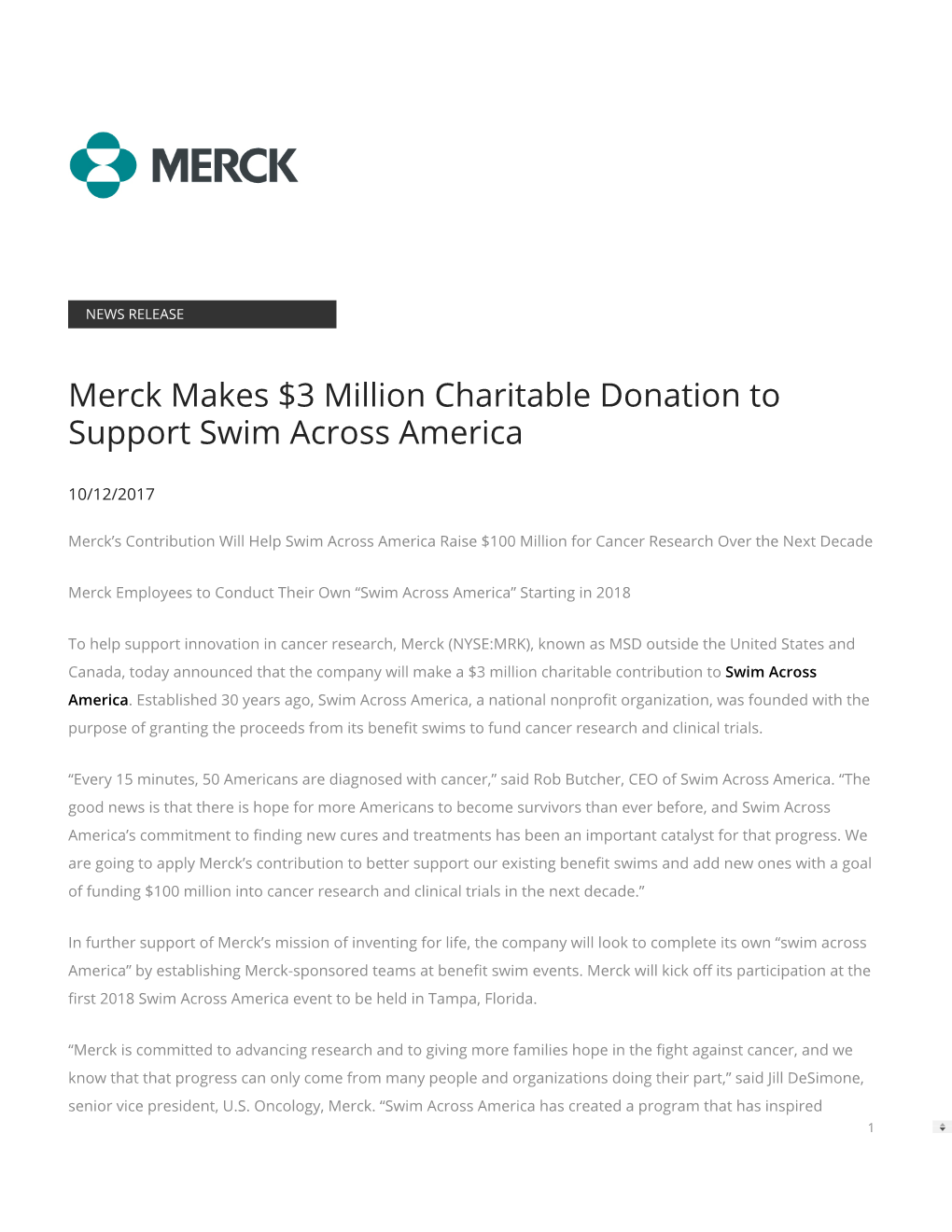 Merck Makes $3 Million Charitable Donation to Support Swim Across America