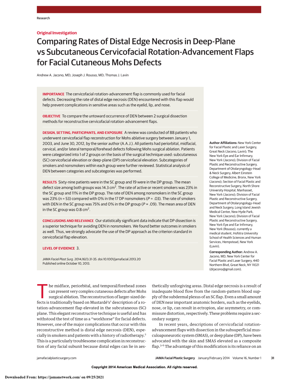 Comparing Rates of Distal Edge Necrosis in Deep-Plane Vs Subcutaneous Cervicofacial Rotation-Advancement Flaps for Facial Cutaneous Mohs Defects