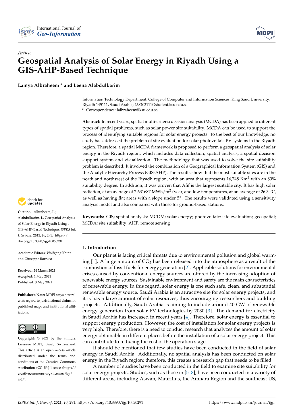 Geospatial Analysis of Solar Energy in Riyadh Using a GIS-AHP-Based Technique