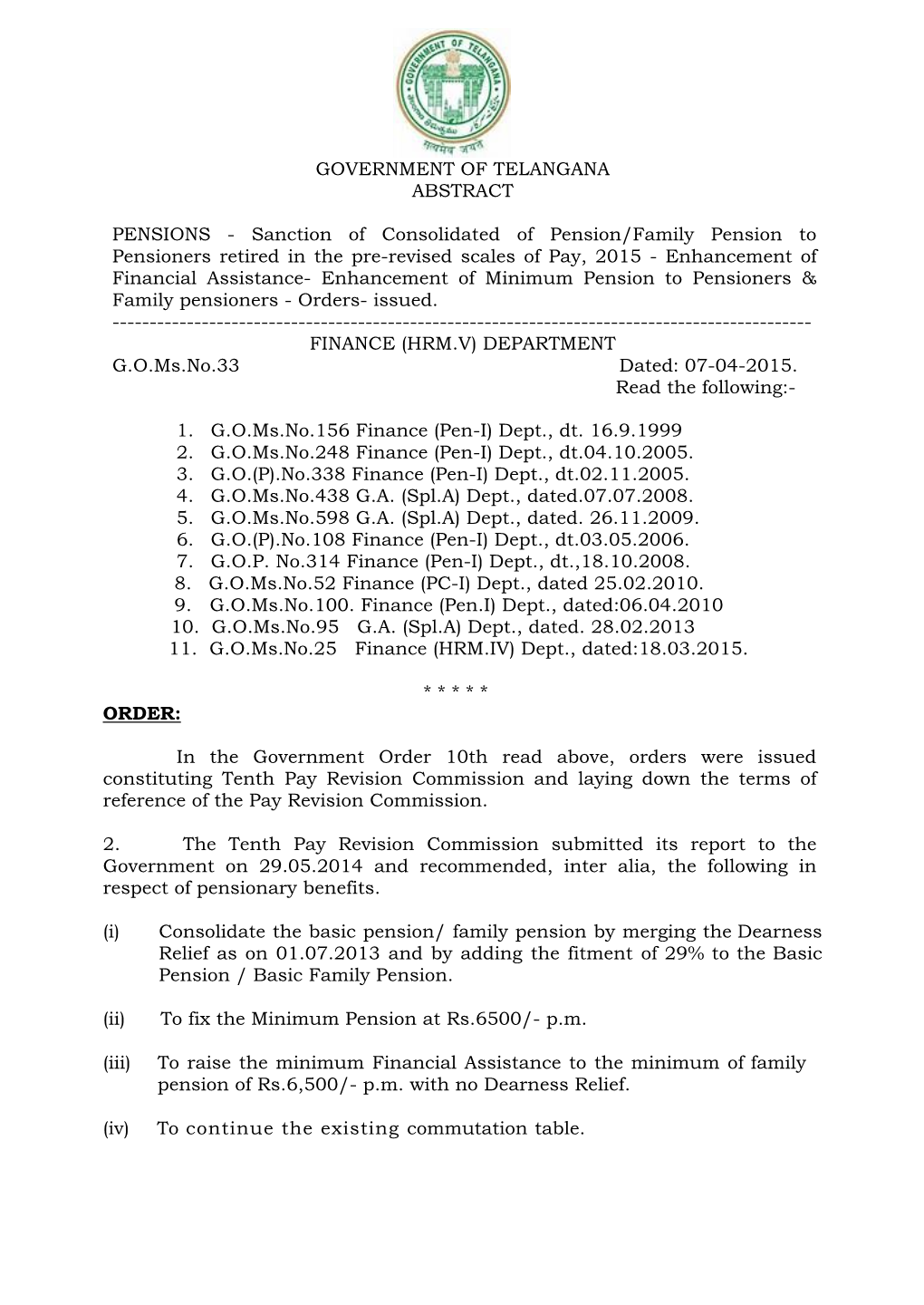 Government of Telangana Abstract Pensions