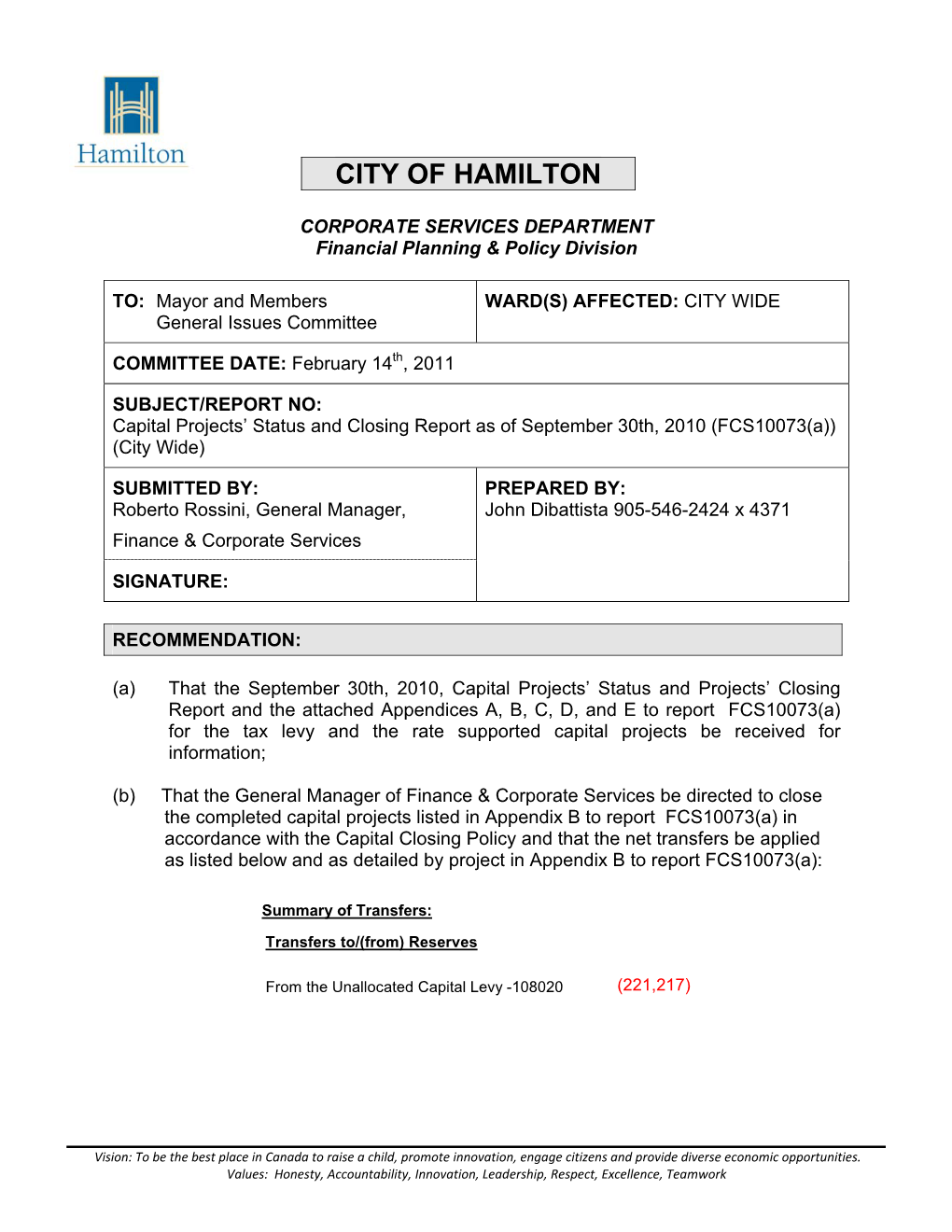 Capital Projects' Status and Closing Report As of September 30Th, 2010 (FCS10073(A)) (City Wide)