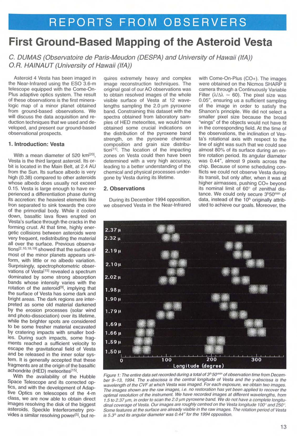 REPORTS from OBSERVERS First Ground-Based Mapping of the Asteroid Vesta