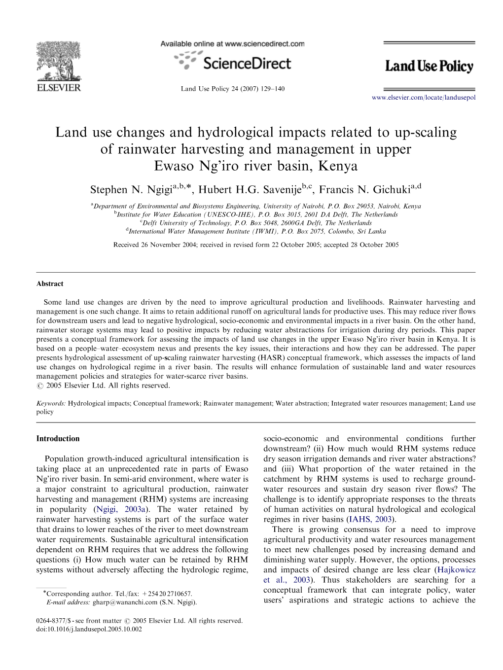 Land Use Changes and Hydrological Impacts Related to Up-Scaling of Rainwater Harvesting and Management in Upper Ewaso Ng’Iro River Basin, Kenya