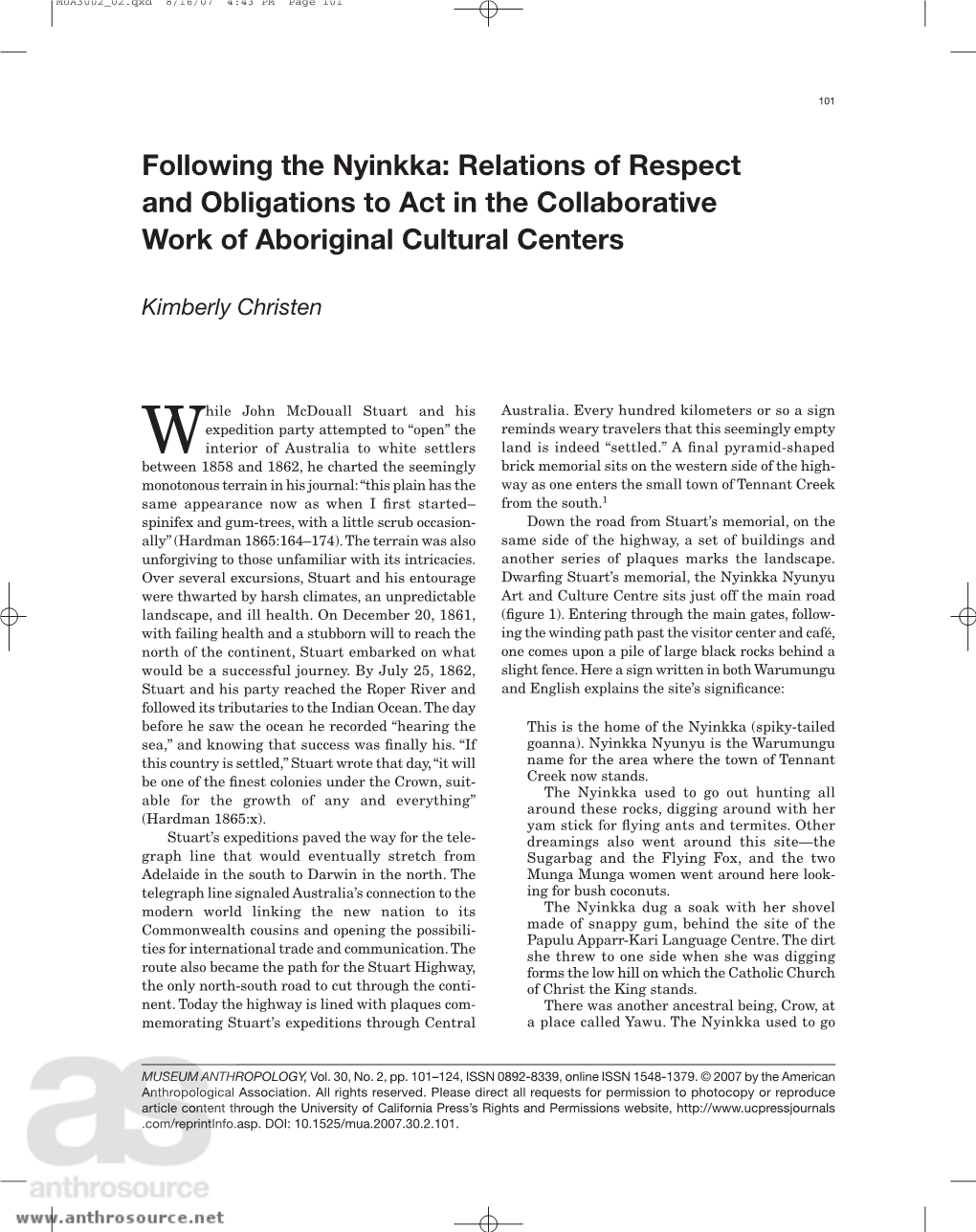 Following the Nyinkka: Relations of Respect and Obligations to Act in the Collaborative Work of Aboriginal Cultural Centers