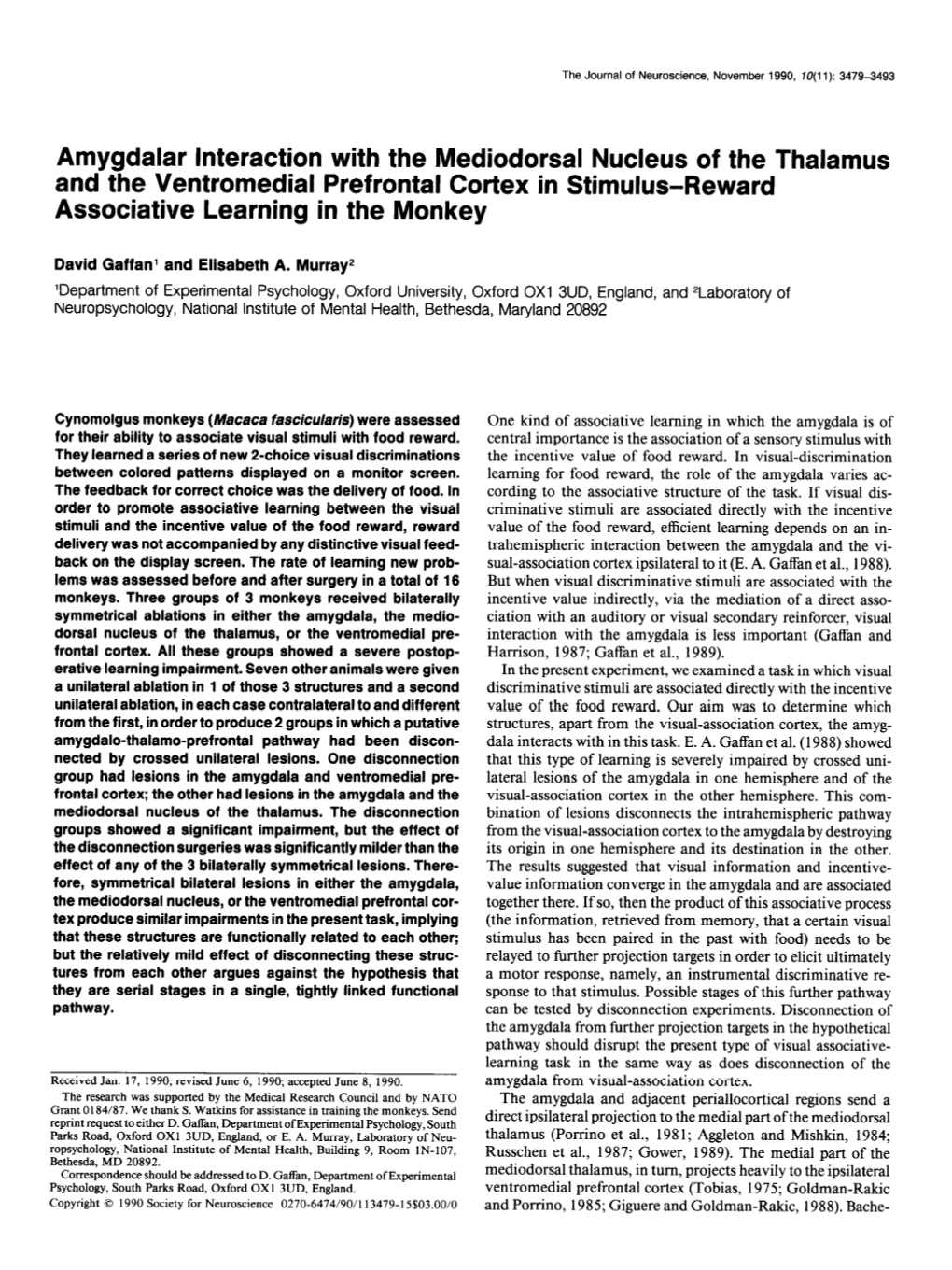 Amygdalar Interaction with the Mediodorsal Nucleus of the Thalamus and the Ventromedial Prefrontal Cortex in Stimulus-Reward Associative Learning in the Monkey